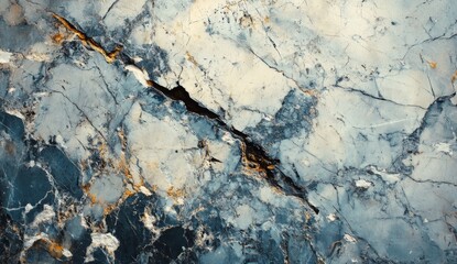 Detailed close-up view of a natural stone, featuring a complex pattern of cracks and veining in shades of blue, gray, and gold