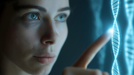 A woman interacts with a glowing digital DNA strand, symbolizing biotechnology and genetic research.