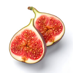 A fig sliced in half vertically, showing its bright red interior filled with tiny seeds and a soft, glistening flesh surrounded by a thin, purple skin.