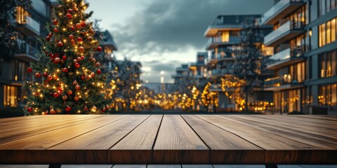 Naklejka premium A festive Christmas scene set in a contemporary housing community with modern architecture, featuring houses and apartment buildings with holiday decorations like lights on trees and deck railings.
