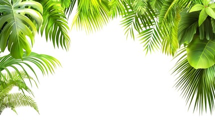 Lush Green Tropical Leaves Frame White Background