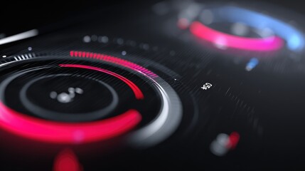 Abstract Futuristic HUD Interface: Red and Blue Glowing Circles, Dark Background