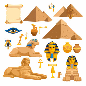 Ancient Egypt themed vector illustration featuring pyramids sphinxes and pharaoh mask perfect for educational or historical projects