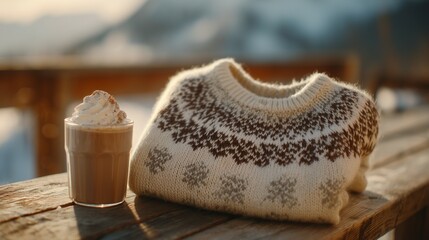 Traditional Icelandic wool sweater with snowflake patterns beside hot cocoa, evoking cozy winter warmth and cultural heritage.
