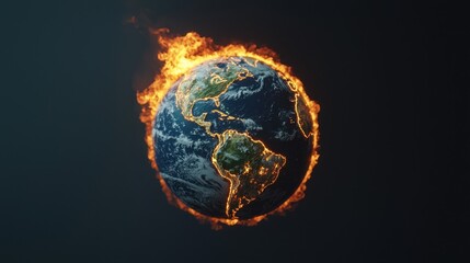 Fototapeta premium Flaming Earth with Fiery Flames Surrounding Globe Emphasizing Climate Change and Environmental Concerns