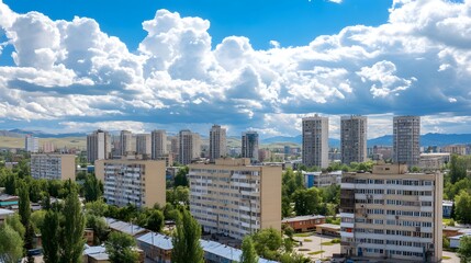 Cityscape panorama with high-rise buildings and clouds.
