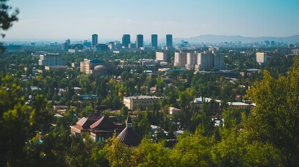 Obraz premium Panoramic city view of buildings and trees.