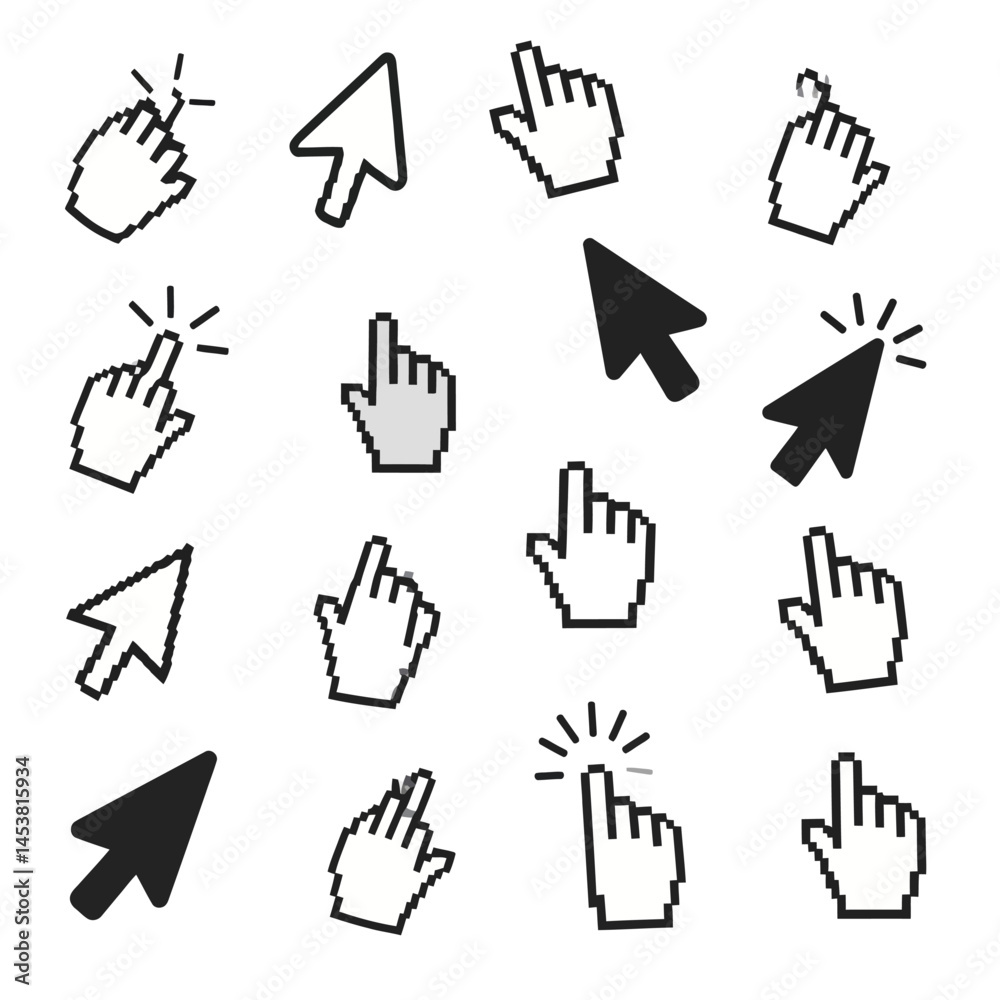 Fototapete Collection of pixelated computer mouse cursors and pointers featuring hands and arrows for user interface design and web development projects