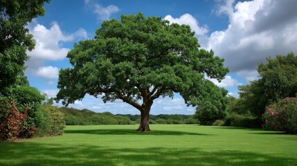 Majestic Oak Tree in a Lush Green Field under a Blue Sky with Fluffy White Clouds a Perfect Summer Day Scene