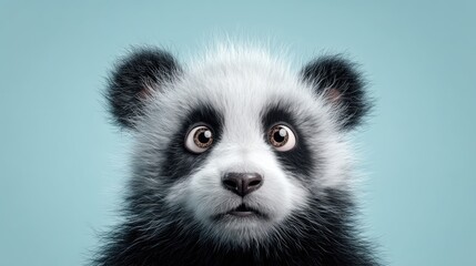 Obraz premium Adorable Panda Cub Close-Up: Big Eyes, Soft Fur, Blue Background