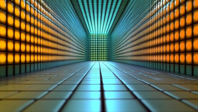 Vibrant neon grid with glowing triangles and squares, retro futuristic digital art background, virtual reality space