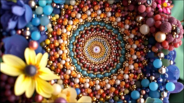 Colorful galaxy-inspired floral design with beads and blooms in a vibrant spiral pattern