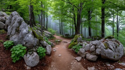 Serene Forest Path Winding Through Misty Woods with Mossy Rocks