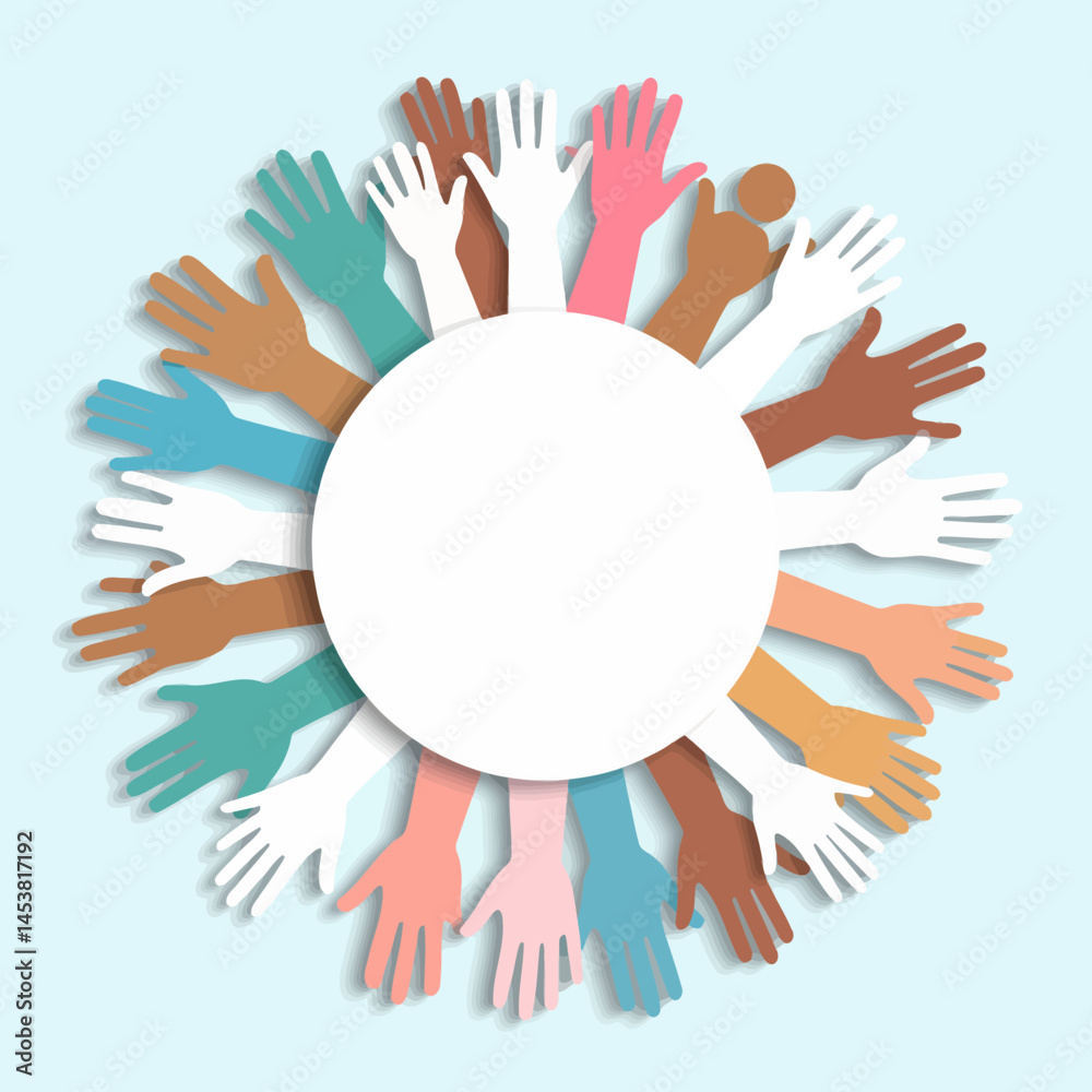 Poster diverse hands forming circle around white space symbolizing unity and collaboration in a colorful an