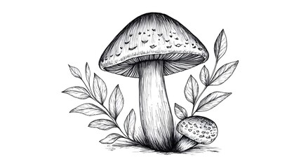 Detailed ink drawing of a mushroom and foliage.