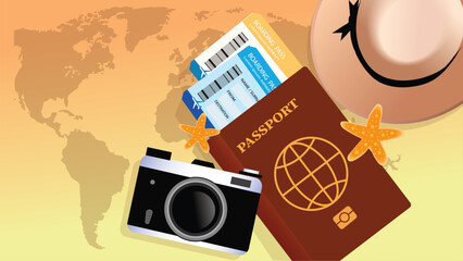  passport and tickets for vacations on the world map background. vector, illustration © Jertam2567