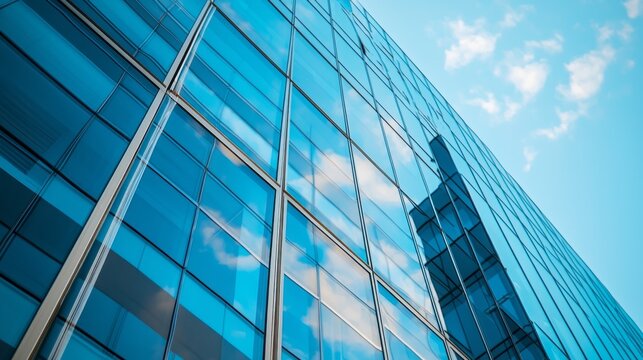 A towering skyscraper made of glass panels reflects fluffy clouds against a vibrant blue sky. The building showcases contemporary architecture and shines under sunlight