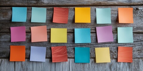 Set of vibrant sticky notes on weathered wood surface