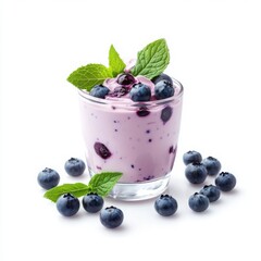 Blueberry yogurt dessert in glass on a white background