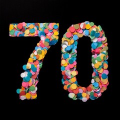 Number 70 made out of confetti with black background. Photo for seventieth birthday or anniversary party