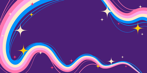 Dreamy Cartoon Squiggle Wavy Lines and Sparkling Stars on Purple Background. Retro cosmic swirls with vibrant movement. Perfect for futuristic prints, party and space themes