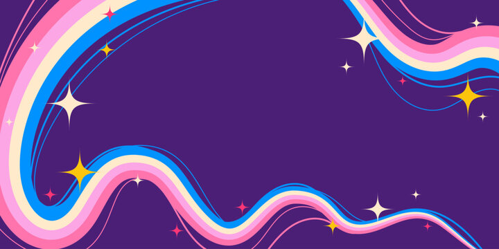 Dreamy Cartoon Squiggle Wavy Lines and Sparkling Stars on Purple Background. Retro cosmic swirls with vibrant movement. Perfect for futuristic prints, party and space themes