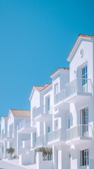 Obraz premium Rows of charming white Mediterranean houses stand proudly under a vibrant blue sky, showcasing unique architecture and balconies. The sunny setting enhances the inviting atmosphere