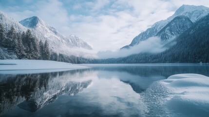 A serene mountain lake with snow-covered mountains in the background. The lake reflects the surrounding scenery and is surrounded by a forest.