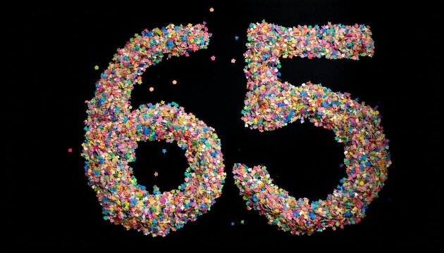 Number 65 made out of confetti with black background. Photo for sixty-fifth birthday or anniversary party