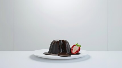 The cake is placed in the center of a clean white plate, accompanied by a large strawberry cut in half. Through a small incision in the cake, the flowing, glossy chocolate inside can be seen.