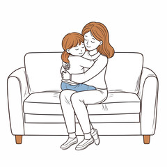 Loving mother embracing her daughter on couch in cozy illustration style, conveying warmth and family bond