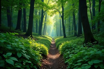 Obraz premium Narrow, overgrown path disappearing into deep woods, natural, mysterious, jungle