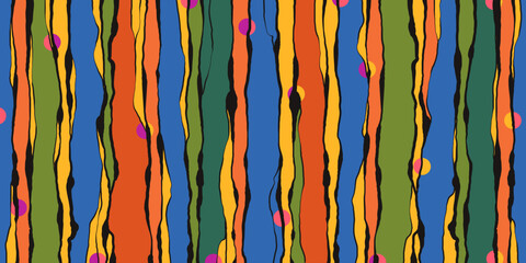 Colorful Vertical Paint Drips. Artistic abstract stripes. Hand painted messy pattern. Vibrant creative background. Retro street art style.