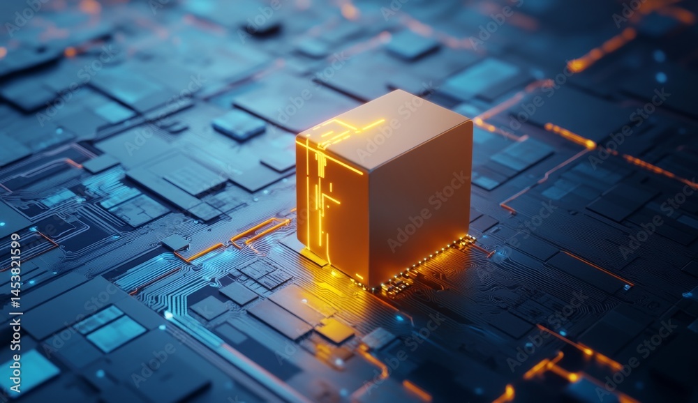 Poster close-up of futuristic circuit board with glowing ai chips and advanced tech components