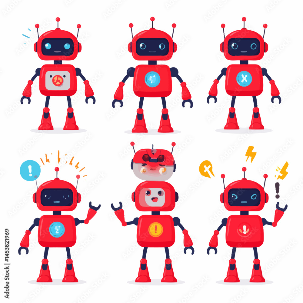 Aufkleber six red cartoon robots with different emotions and expressions in a playful display for digital desi