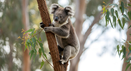 Playful Baby Koala Climbing Eucalyptus Tree with Determined Paws Gentle Maneuvering Higher Leaves Rustling Slightly in Breeze Movement Shot with 50mm Prime Lens