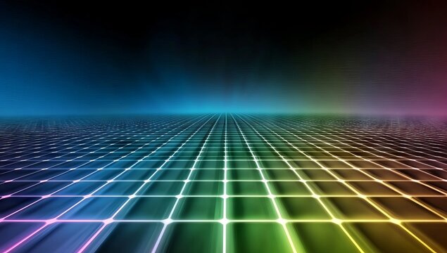 Vibrant neon grid with triangular shapes on black background, 80s retro-futuristic atmosphere for video games and - Powered by Adobe