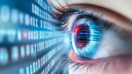 Digital eye with binary code and data streams, symbolizing the AI technology concept of visualizing big data in the digital world
