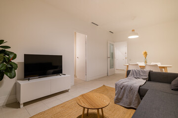 Contemporary living room featuring sectional sofa, wood table and TV stand