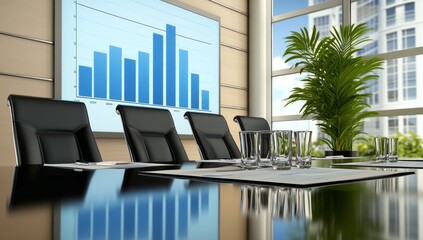 Fototapeta premium Conference Room with LED Screen Showing Business Data and Modern Decor