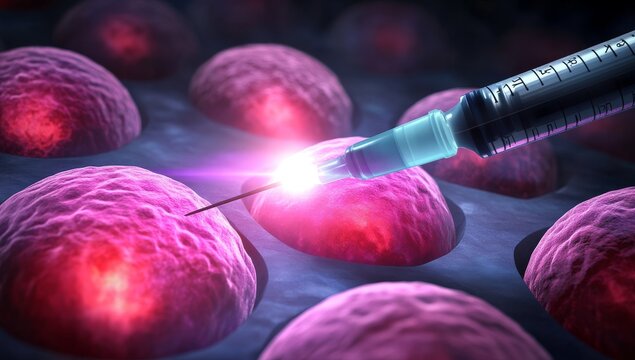 Syringe injecting glowing pink liquid into human cell, creating pink bubbles - Powered by Adobe