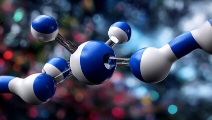 Close-up of two blue and white water molecules connected by thin, clear glass spheres, set against an abstract background. 