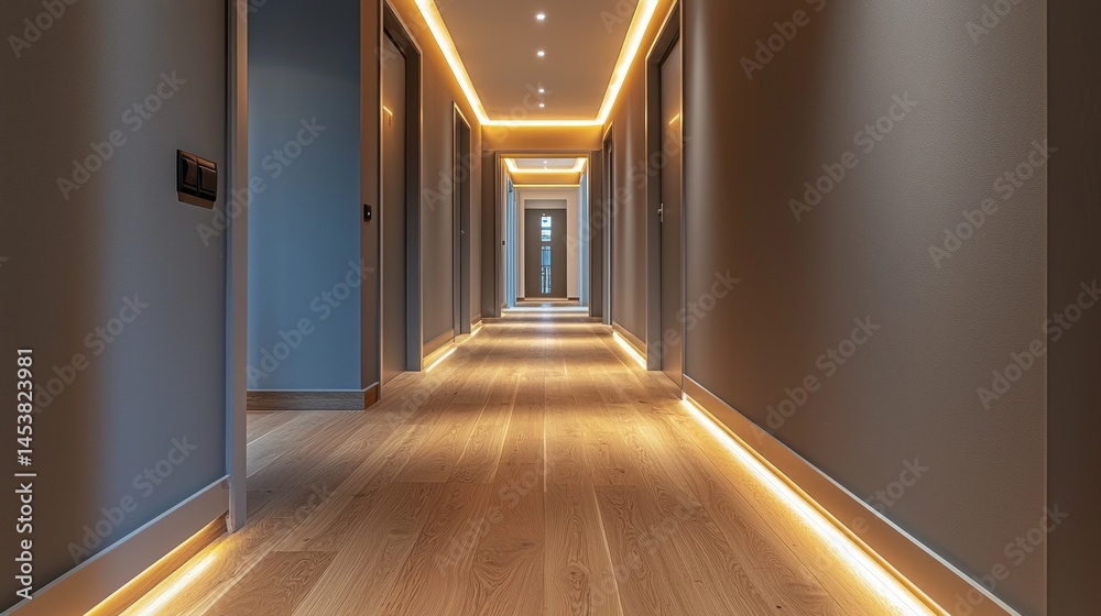 Poster bright hallway showcases a sleek design with warm lighting along the walls and polished wooden floor
