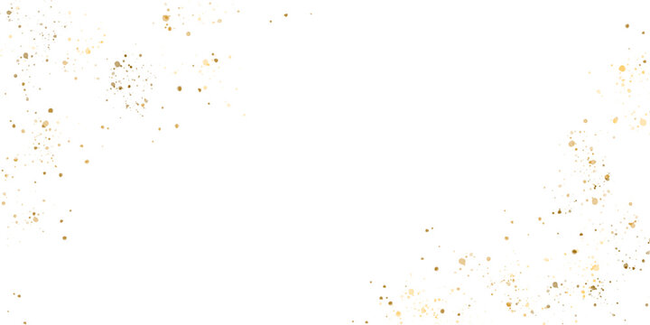 Gold shimmering glitter particles, scatter of sparkling confetti. Festive golden splatter decor frame border