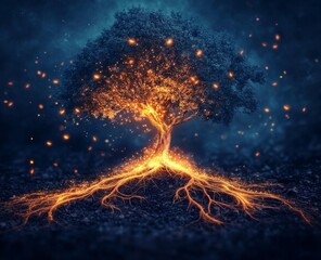 Illuminated tree with fiery roots in a mystical night landscape.  Fiery glow emanates from the roots and branches, with a scattering of sparks