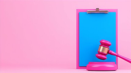 Colorful Gavel and Clipboard on Pink Background for Creative Contexts