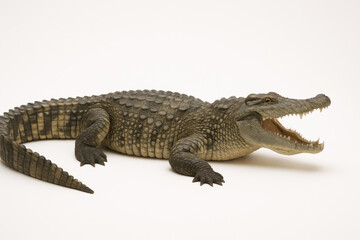 Obraz premium Crocodile with rough textured skin and sharp teeth is lying on white surface with its mouth open showing fierce expression