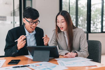 Exciting business presentation office team collaboration modern workspace engaged viewpoint success concept