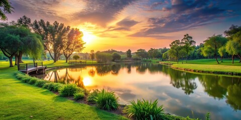 Fototapeta premium Serene park at sunset with lush greenery and tranquil lake, sunset, parco della musica, sunset,parco della musica