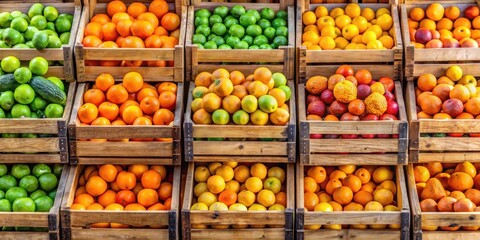 Obraz premium Vibrant oranges and limes in wooden crates stacked high with colorful patterns